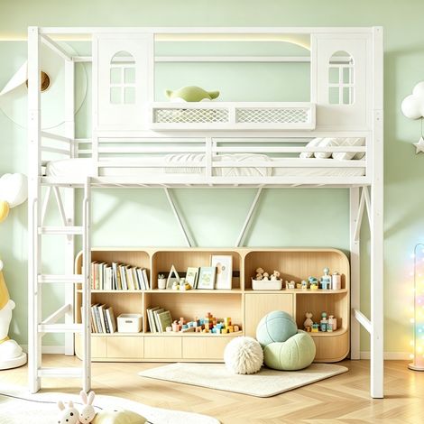 Lit mezzanine 90x200cm - design maison + fenêtres + étagère + échelle - métal - blanc (1/5)