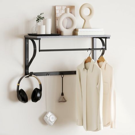 Wandgarderobe aus Holz in Grau mit 5 Haken, oberer Ablage und Stange, 81,7 x 33,4 x 9,5 cm (1/5)