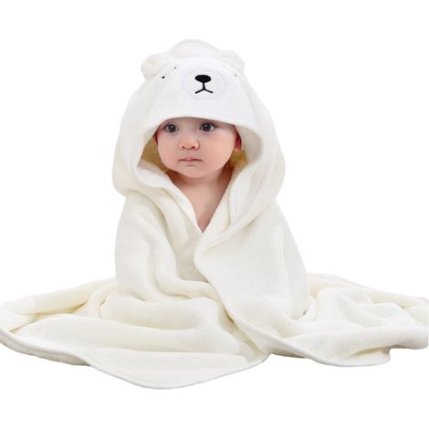 1 Serviette de bain, capuche polaire corail, motif ours blanc, 80x80 cm, nouveau-né (1/5)