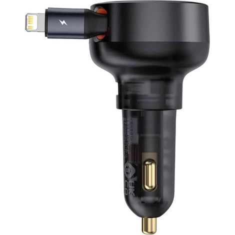 Caricabatterie da auto USB-A con cavo Lightning retrattile per iPhone, 55 W - Nero