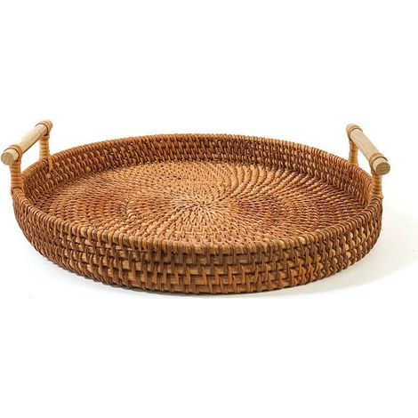 Nouveau plateau rond en rattan véritable tressé à la main, plateau à thé à deux anses, corbeille à fruits, corbeille à pain, corbeille à snacks et à fruits secs, corbeille de rangement (1/5)