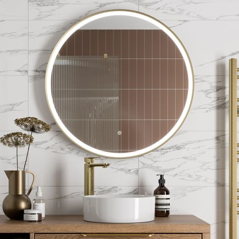 Aquari Round LED Mirror Illuminated Touch Bathroom Demister Mains Brushed Brass 800mm (1/4)
