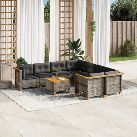 Ensemble salon de jardin en résine tressée gris avec coussins et table en acacia, 9 pièces (1/5)