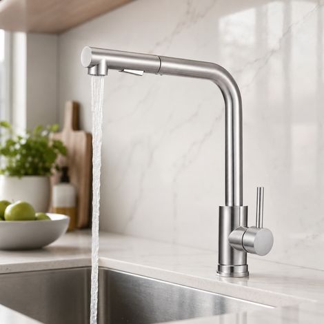 Mezclador de cocina, grifo de cocina extraíble en forma de 7, 2 modos de pulverización, acero inoxidable, cromado