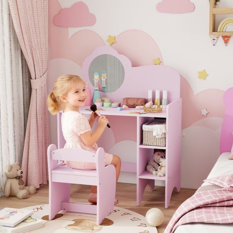 Tocador Infantil con Taburete y Espejo en Forma de Flor con Estantes Abiertos para Niños y Niñas de 3-8 Años Morado (1/5)