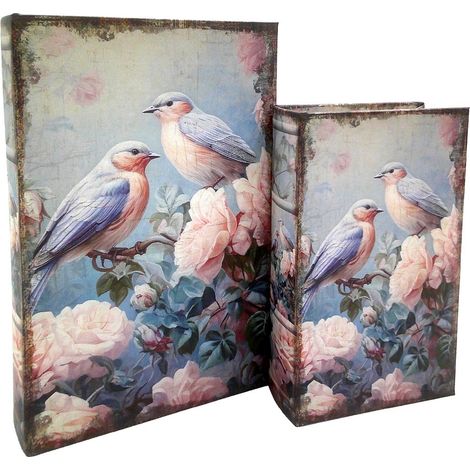 Lot de 2 boîtes livre avec oiseaux et pivoines roses 27 cm (1/5)