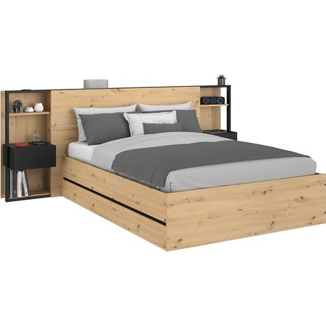 Letto con contenitore 140 x 190 cm con comodini Naturale e Nero - LUDARO
