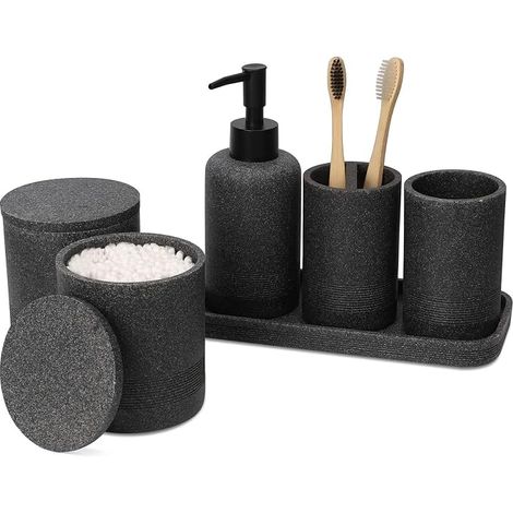 Bathroom Accessory Set Black – Bathroom Decoration Soap Dispenser, Toothbrush Holder, QTip Holders Tumbler (1/5)