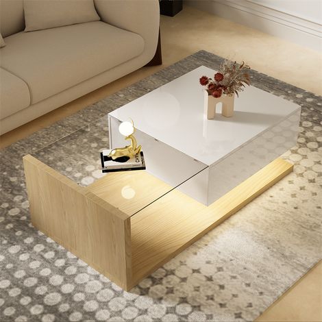 Table basse brillant, 105x55x32.5cm, avec verre et effet LED et 1 tiroir, naturel (1/5)