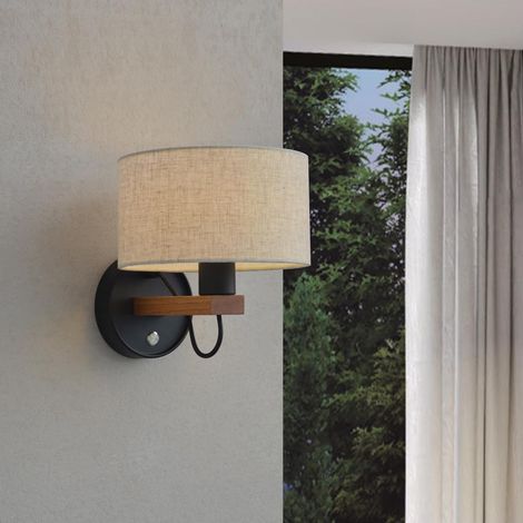 1 Applique Murale Bois, Interrupteur Intégré, Abat-jour Tissu, Douille E27, Pour Chambre Salon Couloir