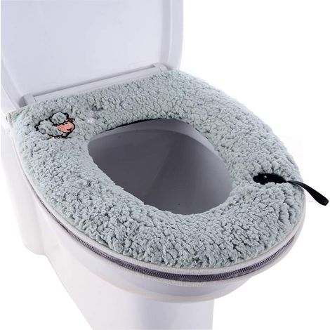 Abattant de toilette en velours chaud épais lavable avec poignée, anneau et coussin, housse de toilette cyan (1/4)