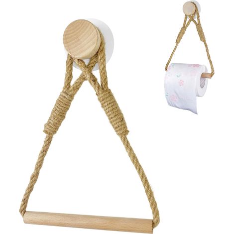 Porte-rouleau de papier toilette en corde - Style vintage - Sans perçage - Corde de chanvre - Porte-papier toilette autocollant - En bois (1/5)