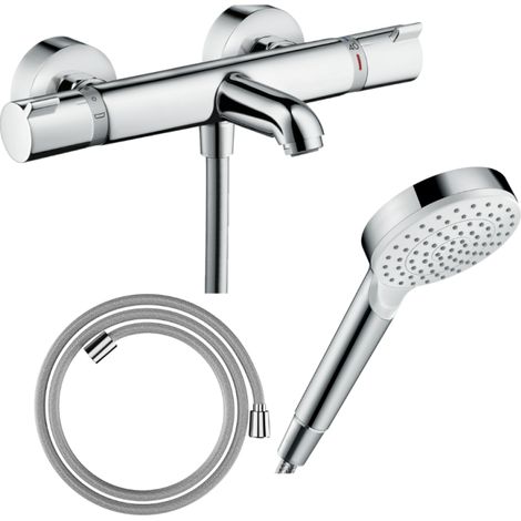 HANSGROHE Pack mezclador termostático para baño-ducha Ecostat Comfort + Designflex flexible 160 cm + rociador Vernis Blend 100 EcoSmart cromado
