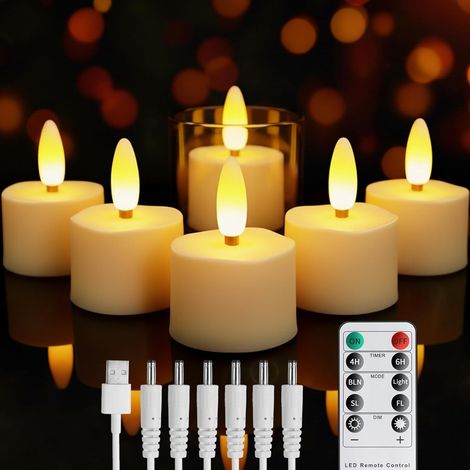 Aufladbare LED Teelichter mit Timerfunktion, 6 Stück Flammenlose LED-Kerzen Realistische LED Candles mit Fernbedienung, Flackernde Flamme für Hochzeit Halloween Weihnachten Wohndekoration (1/5)
