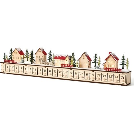 Beleuchteter Adventskalender aus Holz mit Darstellung eines Weihnachtsdorfes und 24 Schubladen zum Befüllen LED-Adventskalender zur Tischpräsentation.