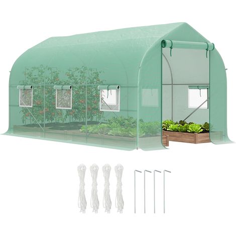 Serre tunnel anti-UV avec 6 fenêtres en maille et entrée roulante, 4x2x2 m, vert, métal et en PE