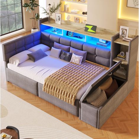 Bett Schlafbett Stauraum 90x190 Samt Dunkelgrau OKMYHOME (1/5)