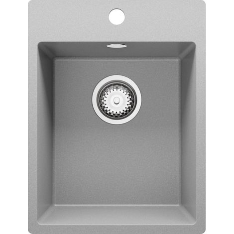 PRIMAGRAN Evier Cuisine en Granit 38x50cm, Lavabo 1 bac + Kit de Vidage, Évier à Encastrer au meuble 40cm - Riga, Gris