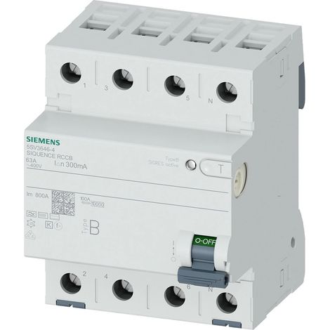 Siemens Interruptor diferencial, 4 polos, tipo B, de retardo corto, In: 63 A, 300 mA, 5SV36464