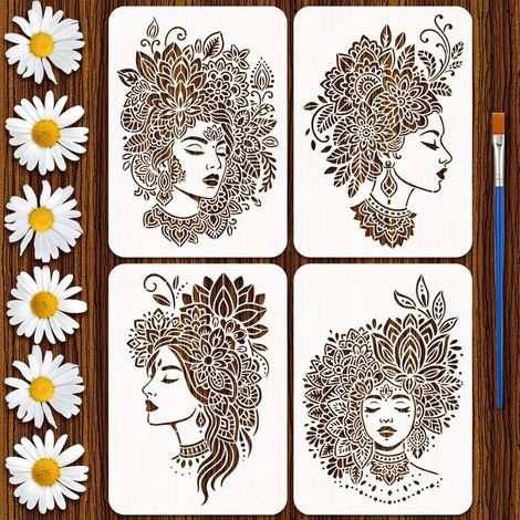 4Pcs Pochoirs Femme Mandala Avec Pinceau 21x29.7cm Pochoirs de Peinture Femme Florale Pochoir Design Féminin Pochoir en Plastique Pet Épaissi pour Peinture sur Bois Mur Meuble (1/5)