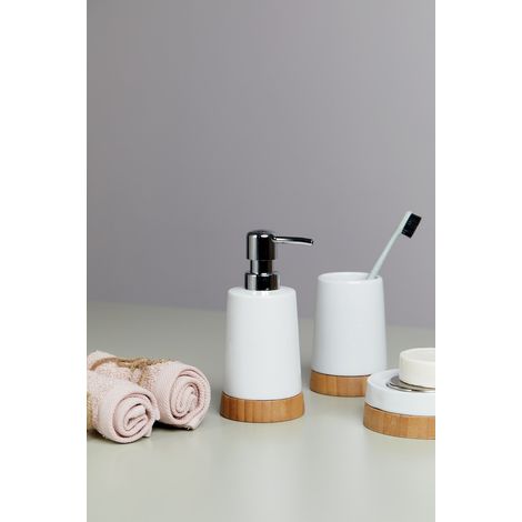 WENKO Distributeur de savon liquide, Bamboo, Capacité 330 ml, céramique - bambou, 8,4x17x9 cm, Blanc - marron (1/3)