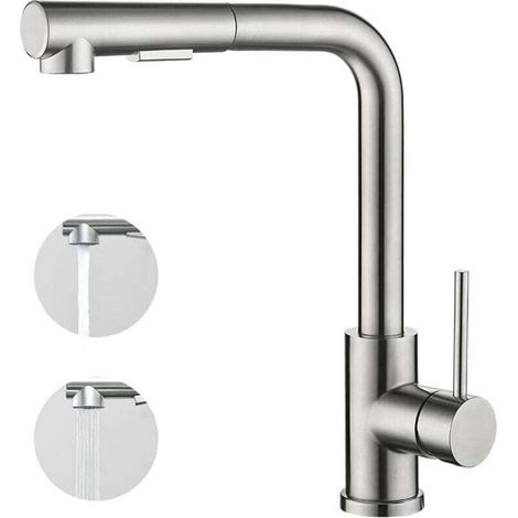 Mitigeur de cuisine avec douchette extractible, Monocommande, Rotation à 360°, 2 modes de pulvérisat Robinet d'évier cuisine - Brossé (1/4)