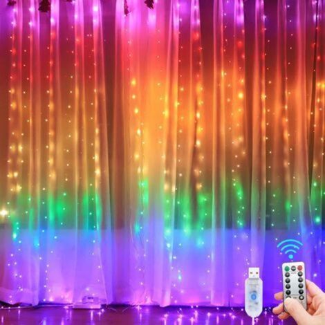 Guirlandes Lumineuses d'intérieur, 3 m × 3 m, 300 LEDs avec 8 Modes Télécommande luminosité réglable, Decoration de Ramadan, Chambre, Fenêtre, Noël (Multicolore) (1/5)