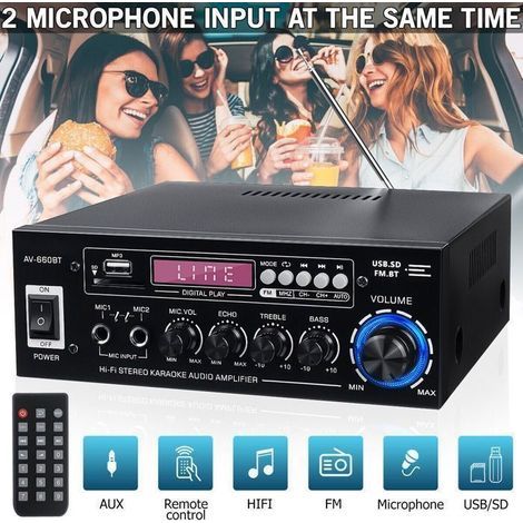 Amplificatore stereo digitale HiFi da 2000 W – Bluetooth 5.0 – Riverbero ed equalizzatore a 5 bande – 2 ingressi microfono – Radio FM (1/5)