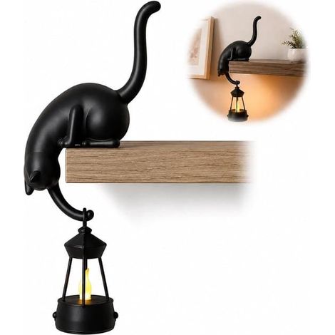 Lampe de lecture chat noir - Crochet d'étagère chat - Avec lanterne LED - Lampe lanterne chat pour étagère - Décoration d'Halloween - Veilleuse d'Halloween - Noir (1/2)