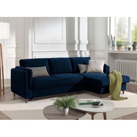 Lisa Design – Canapé d'angle convertible 4 places – Coffre de rangement – Revêtement velours 100% polyester – Dimensions L233xH85xP153 cm – Couleur bleu nuit (1/5)