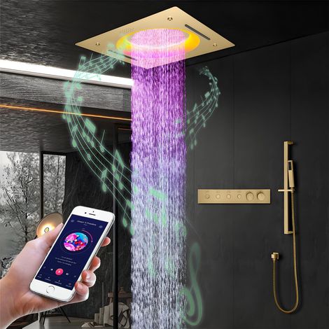 Musik Duschsystem mit Thermostat Unterputz, 64 Farben RGB Duscharmatur Set Unterputz Gold mit 500 x 500mm Duschkopf Deckenmontage und Handbrause, 4 Modi Regendusche mit Armatur aus Messing (1/5)