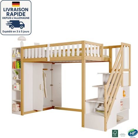 MODFU - Letto a soppalco in legno per bambini 90x200cm con scaletta portaoggetti, ripiano + armadio, protezione anticaduta, senza materasso, bianco + naturale (1/5)