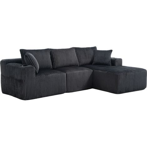 Sofá modular con chaise longue y 2 plazas, pana gris, 5 cojines y portavasos, HOMVRA (1/5)