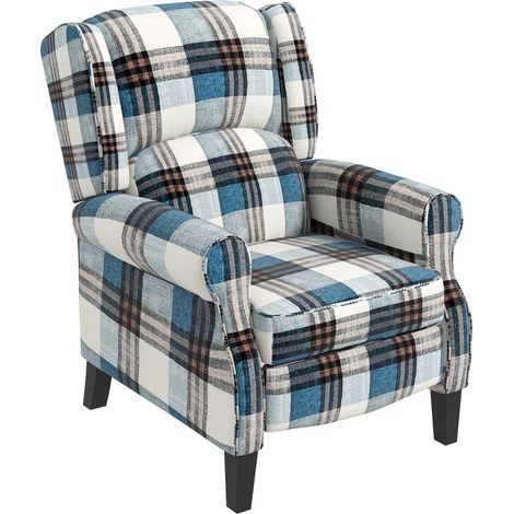 Wingback Reclining Chair Push Back Recliner Armchair for Living Room Bedroom Footrest Armrests Wood Legs Blue (1/5)
