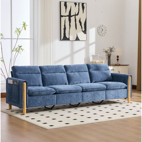 Sofá modular en U (261x77x86 cm), con 2 otomanas con almacenaje, chenilla azul y patas de madera maciza (1/5)