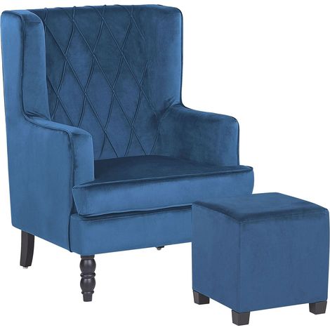 Fauteuil Bergère en Velours Bleu avec Repose-pieds et Coutures Décoratives Confort et Élégance pour Salon ou Chambre Classique et Rétro Beliani