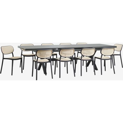 Set de mesa rectangular 240-300x100 cm extensible en aluminio Karena y 10 sillas de comedor apilables en polipropileno Omara SKLUM (1/5)