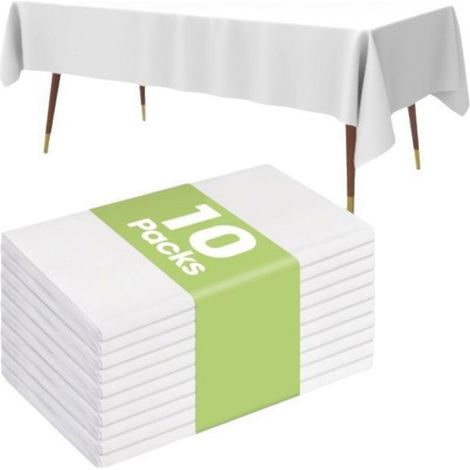 10 nappes plastique, blanches 137 x 274 cm, jetables et résistantes, pour fêtes, pique-niques et mariages