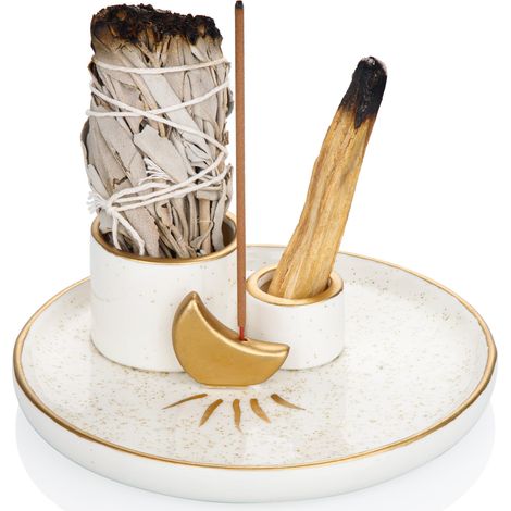 Brûleur en céramique multifonctionnel pour bâtonnets de sauge et encens avec plateau récupérateur de cendres, décoration pour salle de méditation, design doré. (1/5)