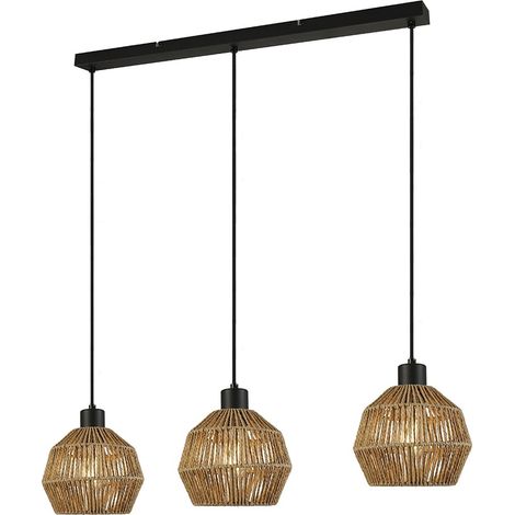 Lámpara colgante "Krabi" de tres luces (3xE27) 220/240V IP20 100x85x18cm fabricada en metal y ratán color negro y beige