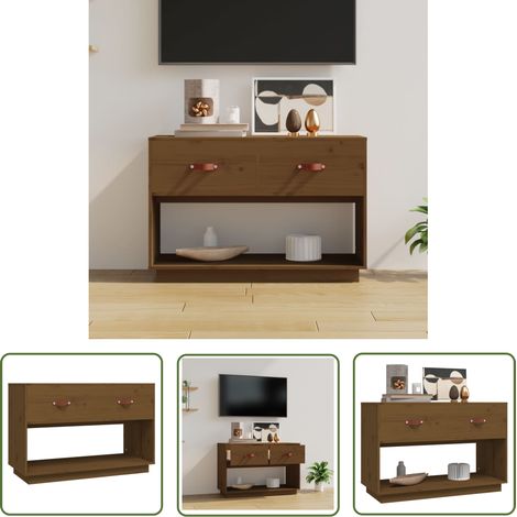 The Living Store Meuble TV Marron miel 90x40x60 cm Bois de pin massif - Meubles Tv - Meuble Tv - Support Tv - Unité Tv - Meuble Tv Moderne (1/5)