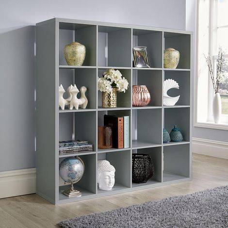 Deluxe Chunky Storage Cube 16 Shelf Bookcase Wooden Display Unit Organiser Grey (1/3)