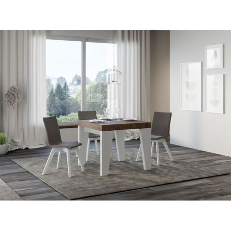 Petite table carrée extensible bois blanc et noyer 90 à 246cm Nako-Support 4 pieds (1/5)