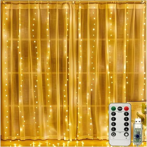 Rideau LED 3x3M 360 blanc chaud USB étanche, 8 modes télécommande minuterie décoration festive (1/5)
