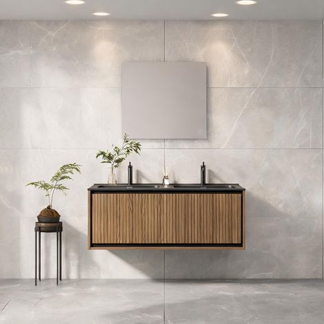 Meuble vasque mural double avec rangement résine noire et chêne (1/5)