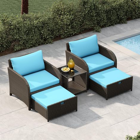 5er Rattan Gartenmöbel Set mit 71cm breiter Sitzfläche, Balkonmöbel Kleiner Balkon, 2 Rattansessel mit Hocker & Tisch, Gartenlounge Terrassenmöbel, Outdoor Gartengarnitur Himmelblau (1/5)