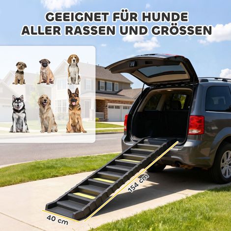Hunderampe klappbar Hundetreppe Auto & SUV rutschfest Hundeautorampe für Große Tiere bis 25 kg 154x40cm Schwarz (1/5)