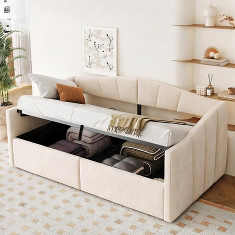 Cadre de lit beige en upholstered 212 x 95 x 62 cm (1/5)