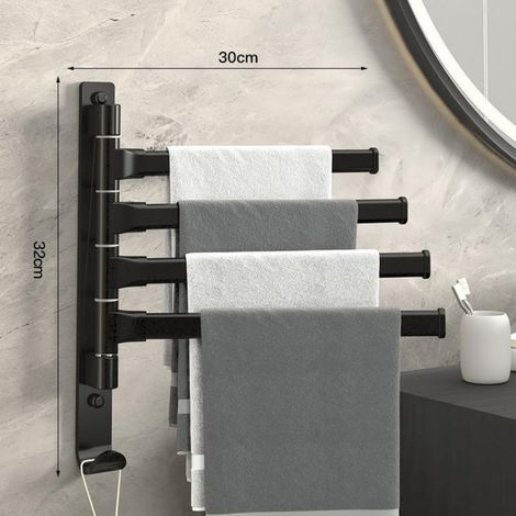 Black rotating wall-mounted aluminum towel rack with 4 bars for bathroom (1/2)