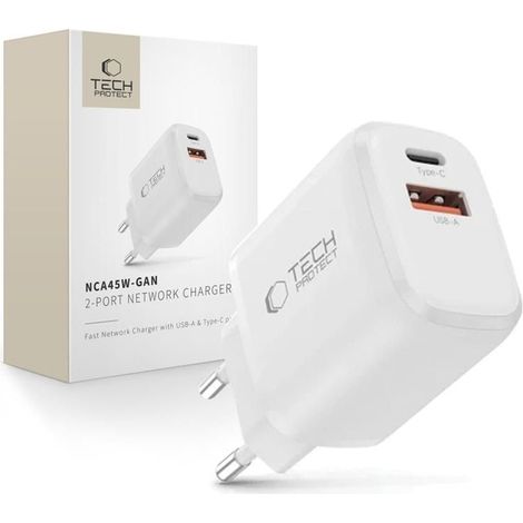 TECH-PROTECT NCA45W-GAN CARICABATTERIE DI RETE A 2 PORTE PD 45W / QC3.0 BIANCO (1/5)